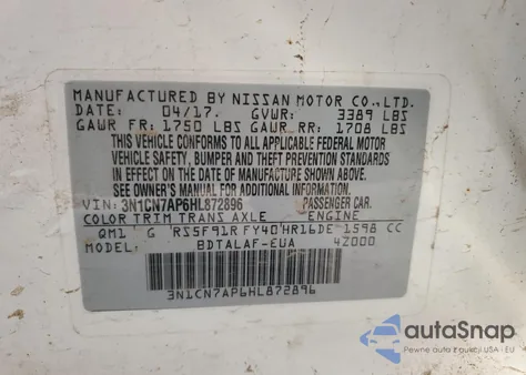 2017 Nissan Versa S from USA, damaged, VIN 3N1CN7AP6HL872896